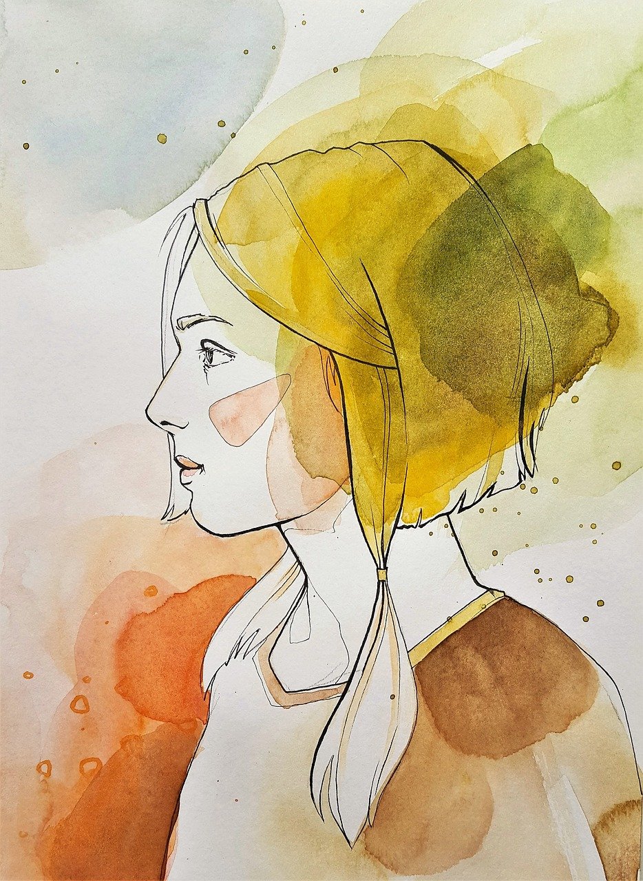 Aquarell das eine blode Frau zeigt die nach links schaut. Die Farben sind freundlich und warm.