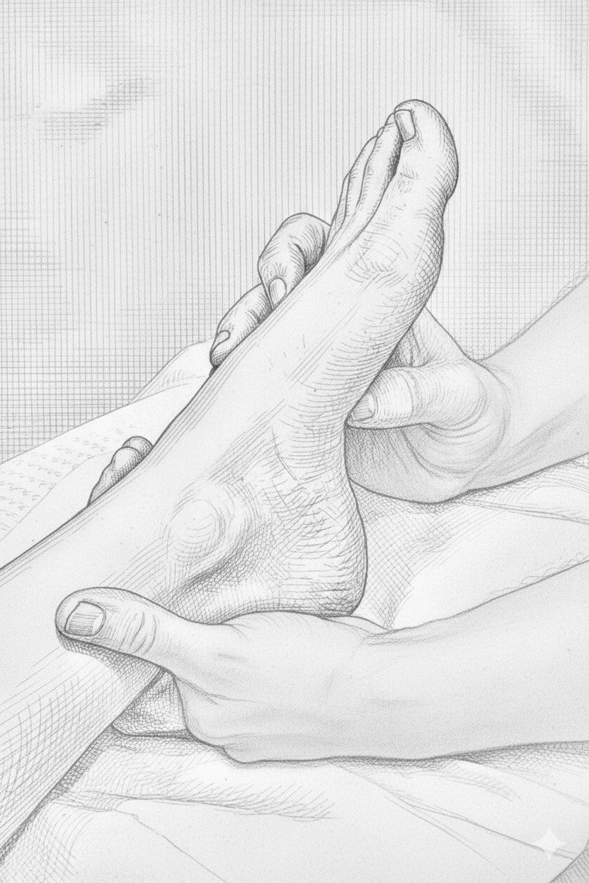 Illustration einer Craniosacral-Therapie Behandlung – sanfte Berührung am Fuß zur Tiefenentspannung.