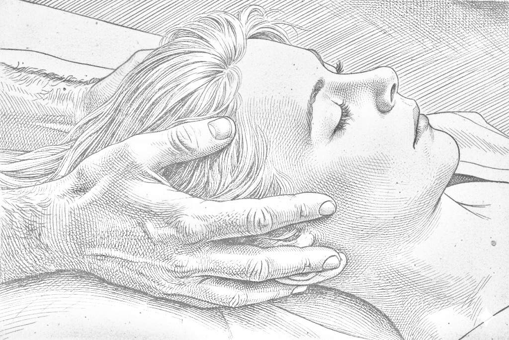 Illustration einer Craniosacral-Therapie Behandlung – sanfte Berührung am Kopf zur Tiefenentspannung.