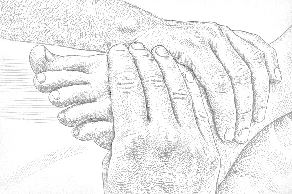 Illustration einer Craniosacral-Therapie Behandlung – sanfte Berührung am Fuß zur Tiefenentspannung.